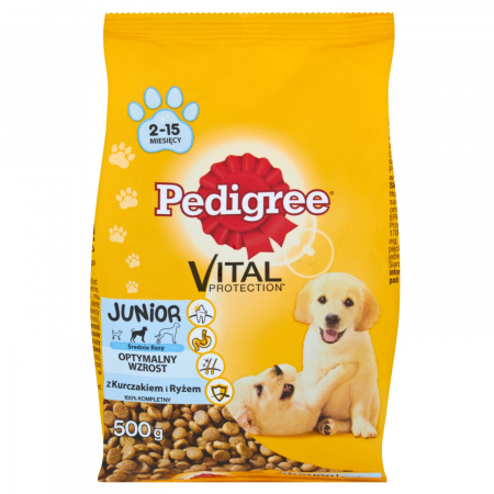 Pedigree Vital Protection Junior z kurczakiem i ryżem Średnie rasy Karma pełnoporcjowa 500 g