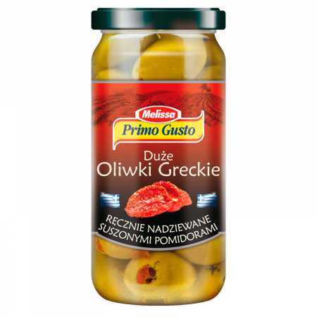 Primo Gusto Melissa Duże oliwki greckie ręcznie nadziewane suszonymi pomidorami 230 g