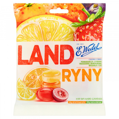 E. Wedel Landryny Cukierki o smaku pomarańczy cytryny truskawki winogrona migdała i coli 90 g